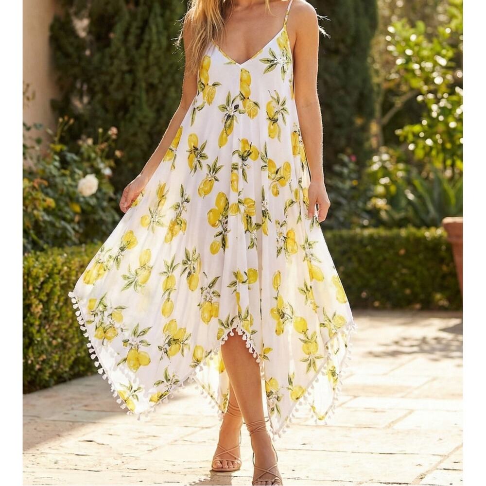 Goa Beachwear by Japna Womens XL White and Yellow Lemons Sundress Rayon - Picture 3 of 7